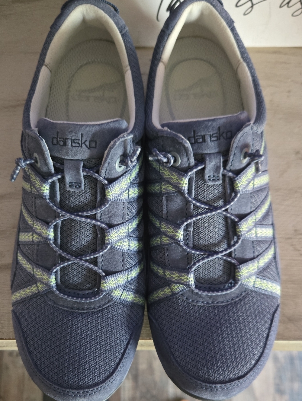 Dansko Harlyn Knit Lace-Up Sneakers in Slate Blue with Yellow-Green Stripes